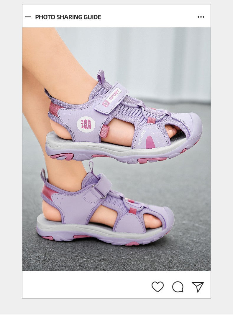 Summer Beach Water Children Sandals Fashion Shoes Outdoor Non-slip Soft Bottom Shading Leather Boys Comfortable Shoes Girls