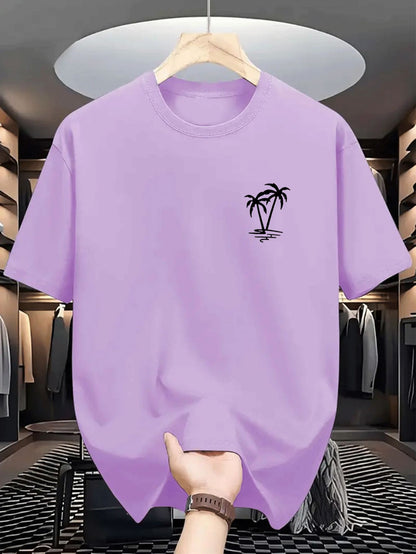 Men's summer 100% cotton fashionable casual loose coconut tree pattern printed sports round neck short sleeved T-shirt top