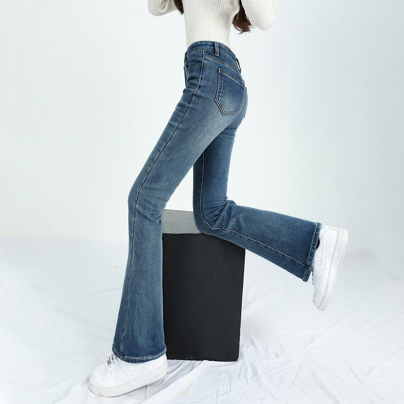Winter Female Thin Snow Warm Plush Jeans Lady Chic Fleece Flared Pants Girls Korean High Waist Straight Leg Denim Trousers