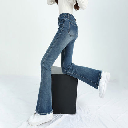 Winter Female Thin Snow Warm Plush Jeans Lady Chic Fleece Flared Pants Girls Korean High Waist Straight Leg Denim Trousers