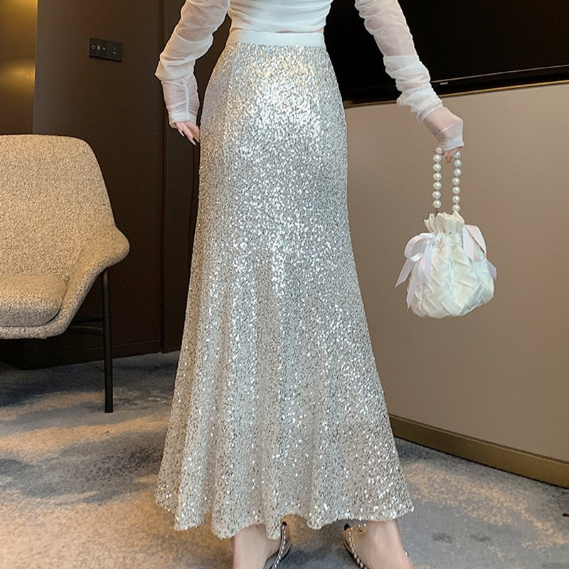 Elegant Sequined Long Black Skirts Women High Waist Party Club Faldas Largas Korean Fashion Y2k Clothes A Line Mid Length Skirt
