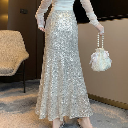 Elegant Sequined Long Black Skirts Women High Waist Party Club Faldas Largas Korean Fashion Y2k Clothes A Line Mid Length Skirt