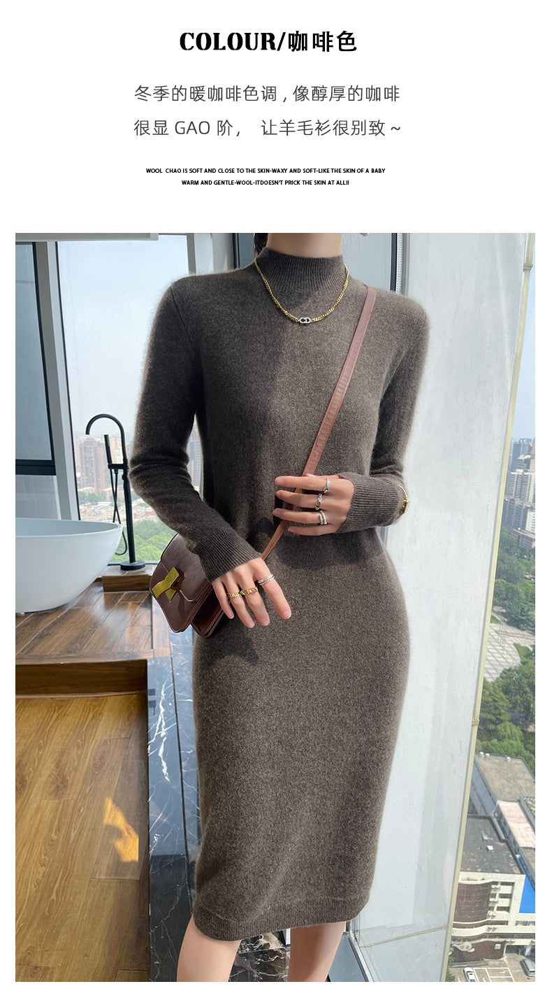 Autumn And Winter 100% Pure Wool Ladies Long Sweater Skirt Semi-High Collar Cashmere Dress Large Knit Bottoming Skirt