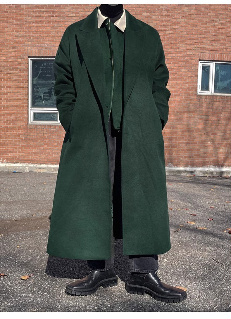 Mauroicardi Autumn Winter Long Warm Oversized Soft Dark Green Black Woolen Coat Men Loose Casual Korean Wool Blends Overcoat