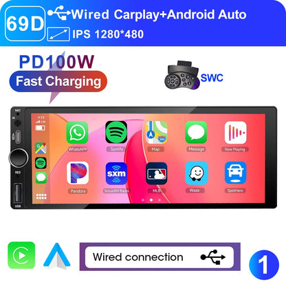 LEHX 1din 6.9 IPS Touch Screen Carplay Android Auto Mirror Link Car Radio Multimedia 1 din Car Stereo MP3 MP5 Player FM Headunit