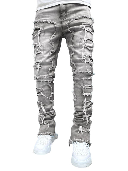 Calça Jeans Masculina Regular Fit Stacked Rasgada Slim Fit Remendada Destruída Reta Jeans Hip Hop Streetwear