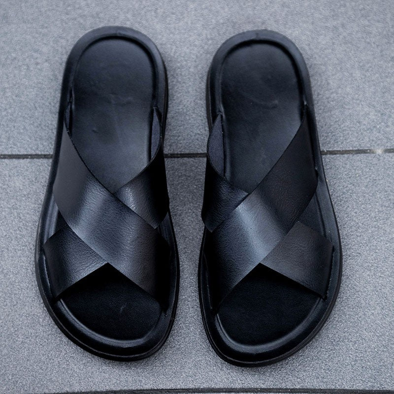 New Arrivals Italian Leather Slippers for Men Summer Hotel Beach High Quality Slip on Light Flats Male Flip Flops Big Size 38-47