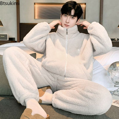 New Men's High Neck Large Size Loose Plush Loungewear Autumn and Winter Thick Warm Flannel Pajamas Can Worn Outside Coral Fleece
