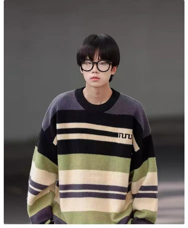 Simple Versatile Trendy Men's Crew Neck Sweater Contrasting Stripes Casual Loose Neutral Style Pullover