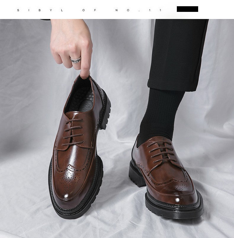 New leather shoes for young men British Brock formal business increase casual black wedding groom lace-up men's shoes