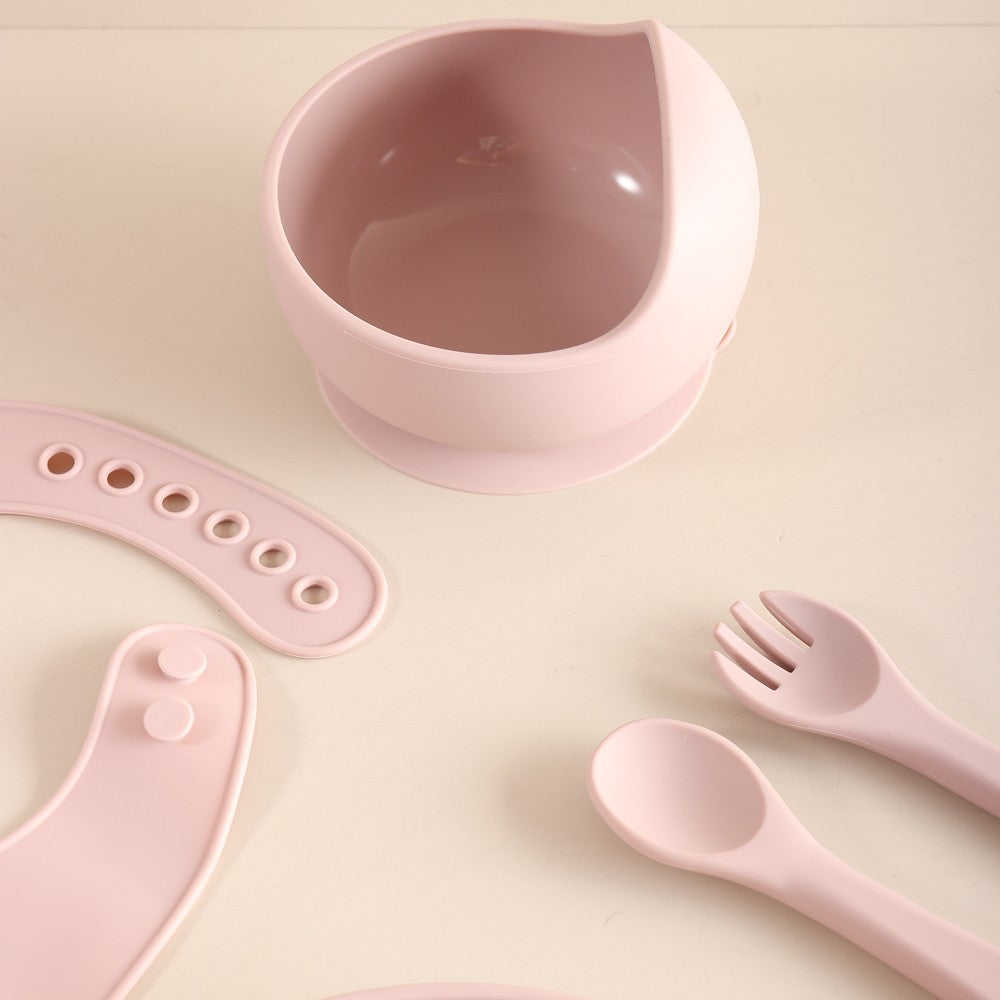 5pcs Bunny Baby Utensils Set, Food Grade Silicone Weaning Set with Bib, Suction Plate, Bowl, Spoon & Fork gift set