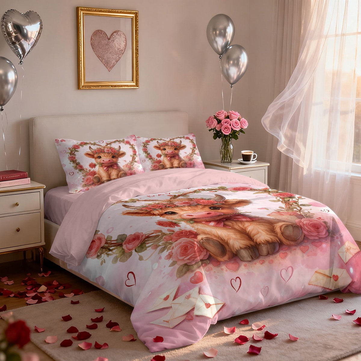 3pcs Pink Romantic Valentine's Day Highland Cow Print Coreless Bedding Set Multi Size Bedding Decoration Machine Washable