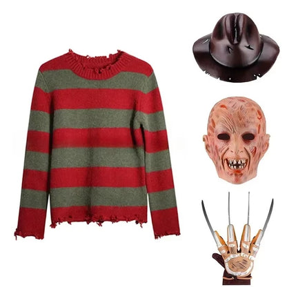 Freddy Cosplay Costume Adult Sweater Red Striped Knitting Top Coat Hat Fnaf Mask Halloween Carnival Party Costume for Men