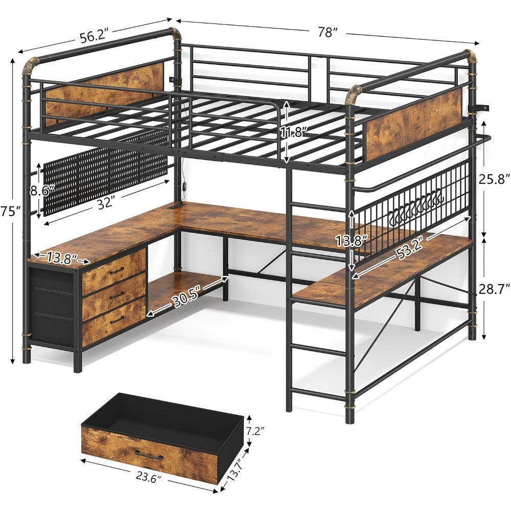 Size Loft Bed with U-Shaped Desk, Heavy Duty Full Loft Bed Frame with Pegboard & Mesh Shelf, RGB Lights, Bunk Lo