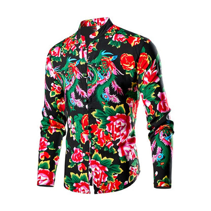 Chinese Style Men's Stand-up Collar Long-sleeved Shirt, Single-breasted Printed Shirts, Fashion Casual Camisas, Red Green Blue