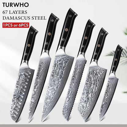 Conjunto de Facas TURWHO 1-6 Peças Aço Damasco 67 Camadas Facas de Cozinha Santoku Faca de Chef Faca Multiuso Para Pão Ferramentas de Cozinha