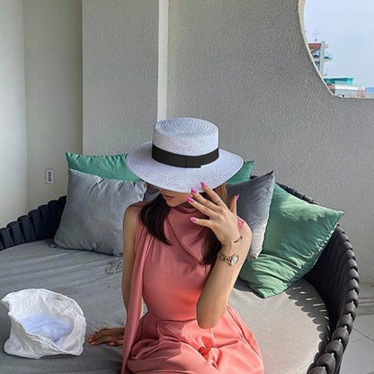 Chapéu de Sol Unissex de Verão com Topo Plano para Mulheres e Homens, Cor Sólida, Aba Larga, Fita Preta, Chapéu de Palha de Praia Dobrável, Bonés Frescos para Férias