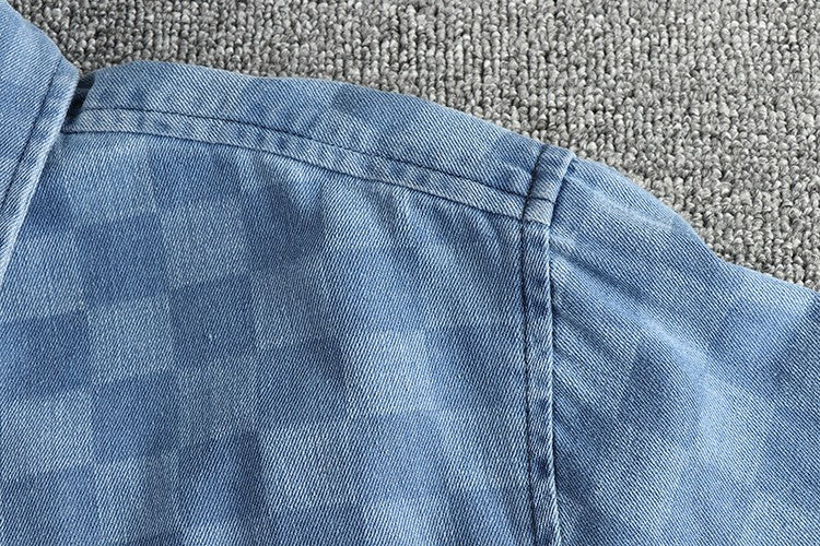 Spring Japanese Retro Long Sleeve Lapel Denim Plaid Cargo Shirts Men's High Street 100% Cotton Washed Loose Casual Thin Jacket