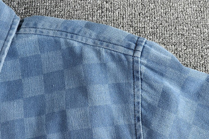 Spring Japanese Retro Long Sleeve Lapel Denim Plaid Cargo Shirts Men's High Street 100% Cotton Washed Loose Casual Thin Jacket