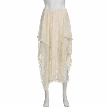 Lace Asymmetrical Skirt Women Vintage Y2K Boho Aesthetic Fashion High Waist Mid Skirts Summer Ladies Holiday Outfits