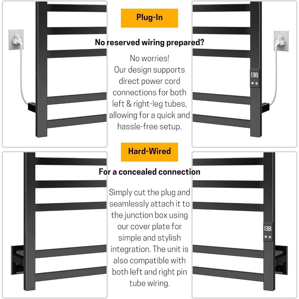 Matte Black 8-Bar Towel Warmer with Quick Heat, Auto Shut-Off and Hardwired or Plug-In Options - Perfect for Warming Towels