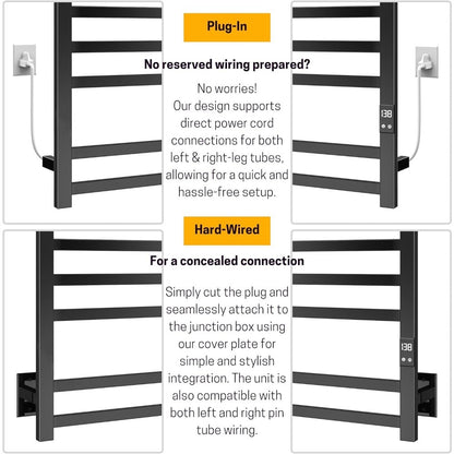 Matte Black 8-Bar Towel Warmer with Quick Heat, Auto Shut-Off and Hardwired or Plug-In Options - Perfect for Warming Towels