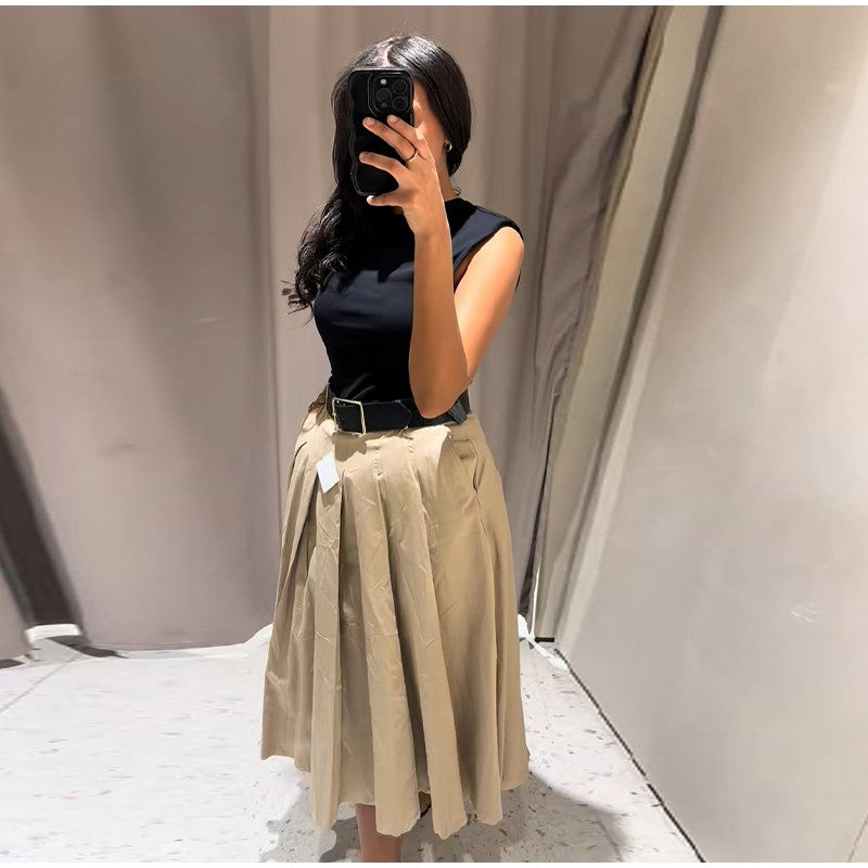 Fashion Patchwork Pleated Long Dress With Belt Women Chic Sleeveless Tank Maxi M