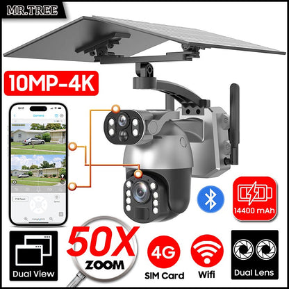 50XZOOM Solar Camera 4G SIM/WiFi Dual Lens Outdoor Security Camera with Night Vision,Waterproof Wireless Surveillance for Garden