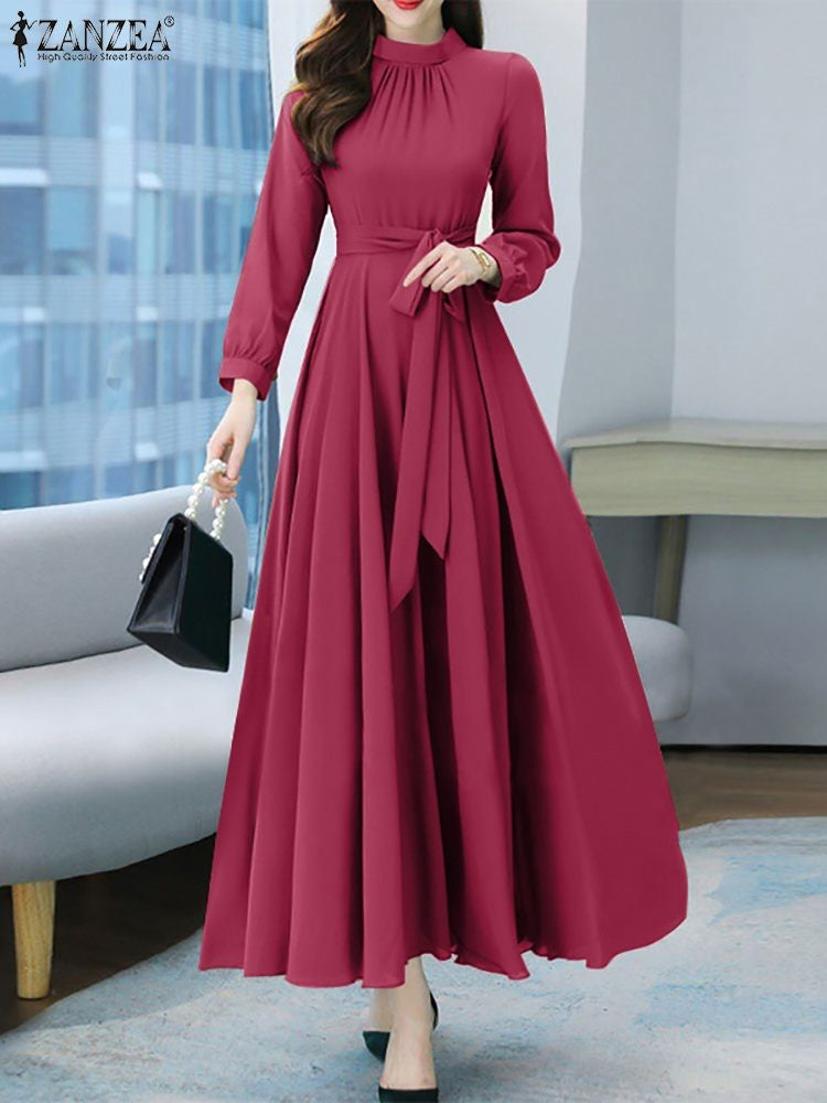 ZANZEA Women Long Sleeve A-line Sundress Spring Long Dress Autumn Solid Party Holiday Maxi Dresses Vestidos Femme Vintage Robe