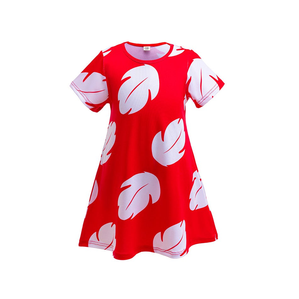 Disney Lilo Costume Girl Cosplay Red Dress Short Sleeve Pajamas Hawaiian Printed Dress Summer Beach Outfit + Stitch Doll Set