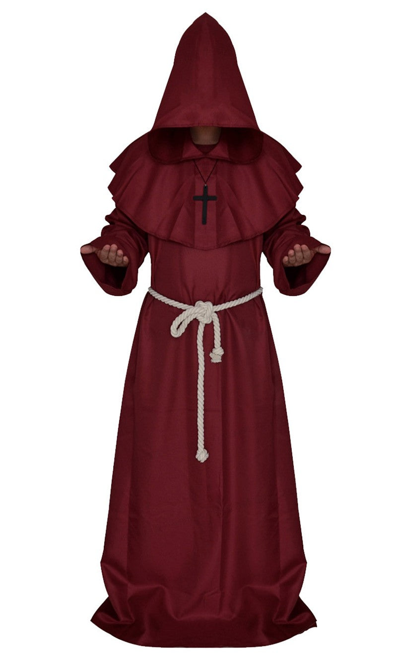 Halloween Wizard Cosplay Medieval Monk Hooded Robe Costume Mask Hat For Men Steampunk Priest Horror Masquerade Unisex Cloak Cape