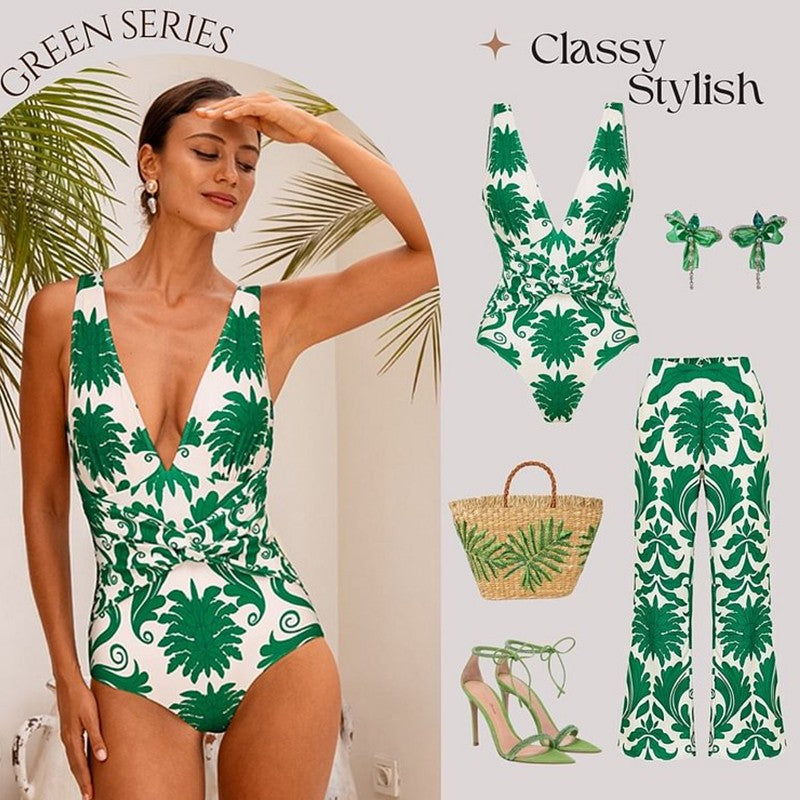 Flaxmaker Women Sexy Deep V Neck Printed One-piece Swimsuit and Pants Sets Swimwear Monokini Girl Beach Bathing Suits Beachwear