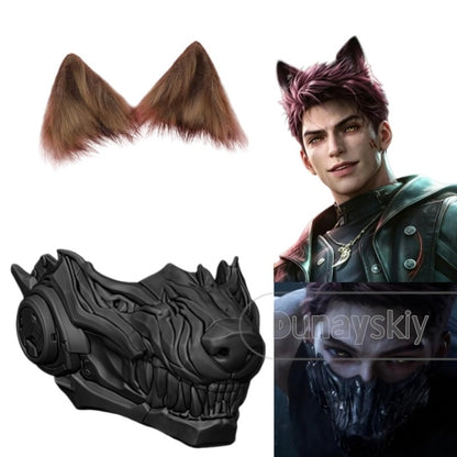 Love and Deepspace Valko Wolf Mask Cosplay Prop Furry 3D Printed Sci-Fi Wolf Head Mask Fluffy Brown Wolf Ears Hair Halloween