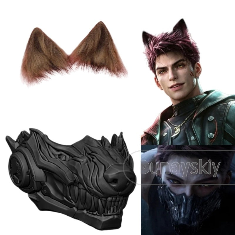 Love and Deepspace Valko Wolf Mask Cosplay Prop Furry 3D Printed Sci-Fi Wolf Head Mask Fluffy Brown Wolf Ears Hair Halloween