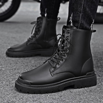 Black Men's Casual Leather Boots Fashion Winter Men Work Boot Mens Shoes Non-slip Designer High Top Ankle Boots Motorcycle Shoes