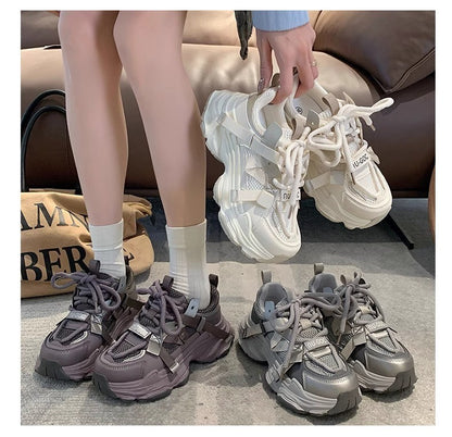 Women's Chunky Sneakers  Breathable Mesh Platform Sports Shoes Woman Fashion Lace Up Thick Sole Casual Shoes Mujer
