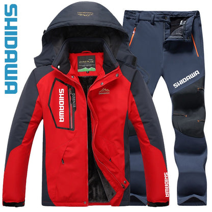 Traje de Pesca de Inverno Corta-Vento Impermeável Soft Shell Masculino Tamanhos Grandes com Capuz Acolchoado de Veludo Quente + Conjunto de Calças de Pesca para Caminhada