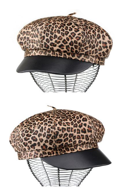 Autumn Winter Women's Genuine Sheep Leather Octagonal Beret | Leopard Print Trendy Painter Hat Celebrity Style Versatile Cap