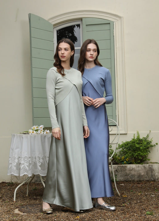 AS 2025 spring summer elegance satin dress + knitted top match set maxi floor le