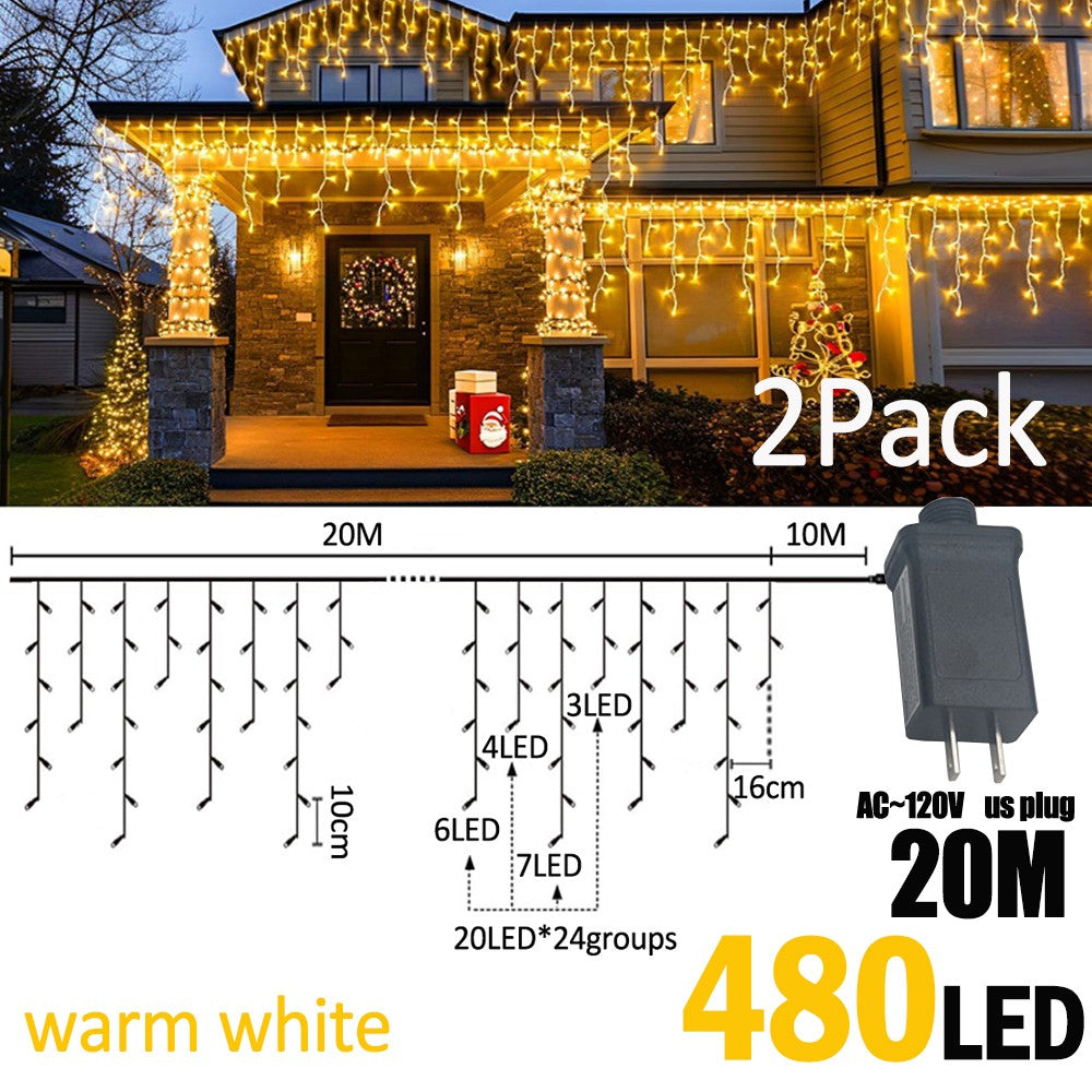 LED Christmas Icicle Curtain String Lights 20M+10M 480LED Extens 8Modes, Plug in Waterproof for Wedding Party Home Garden