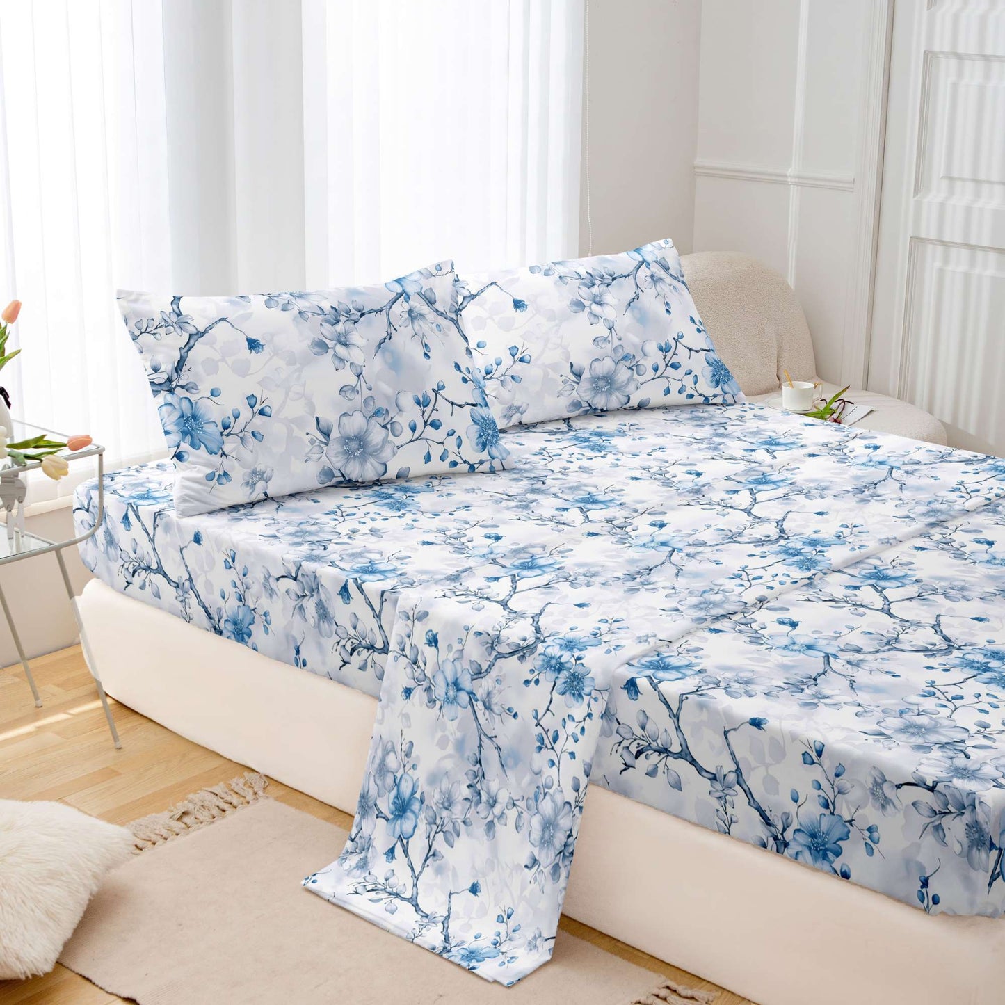 Conjunto de 3 peças de lençol de cama ajustável e fronhas em microfibra, estampado, toque macio, respirável, para cama queen size, capa de colchão