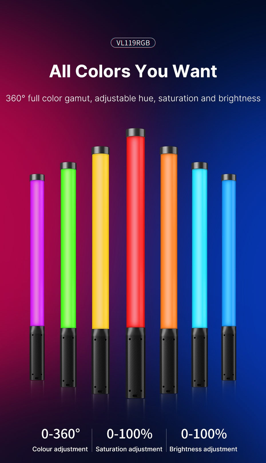 Ulanzi VL119 RGB Bastão de Luz Portátil Tubo LED Iluminação de Vídeo CRI 95+ 2500K-9000K 2000mAh Lâmpada de Preenchimento para Fotografia