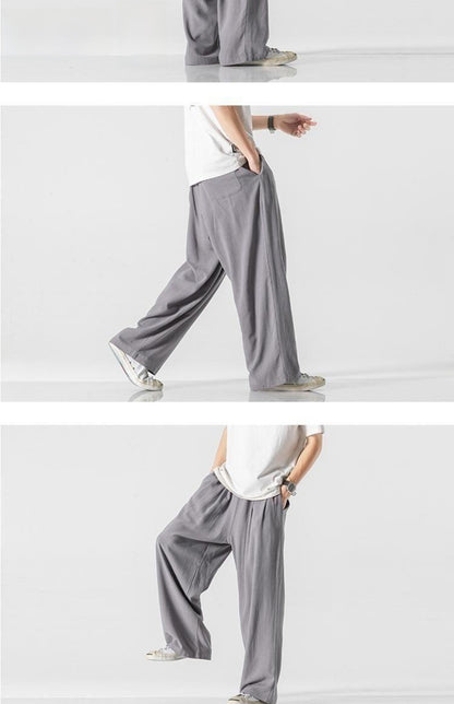 Summer Large Size Linen Cotton Wide Leg Pants Men Casual Comfortable Loose Fit Straight Leg Trousers Long Pants