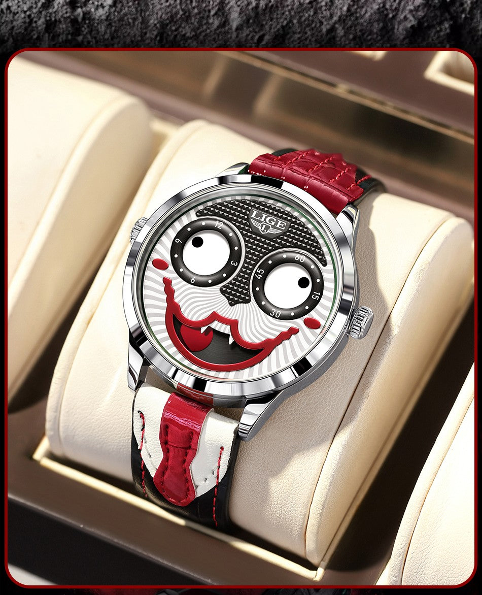 LIGE 2025 Creative Watches For Men Clown Fashion Quartz Wristwatches Waterproof Leather Strap Mens Watch Cool Joker Reloj Hombre