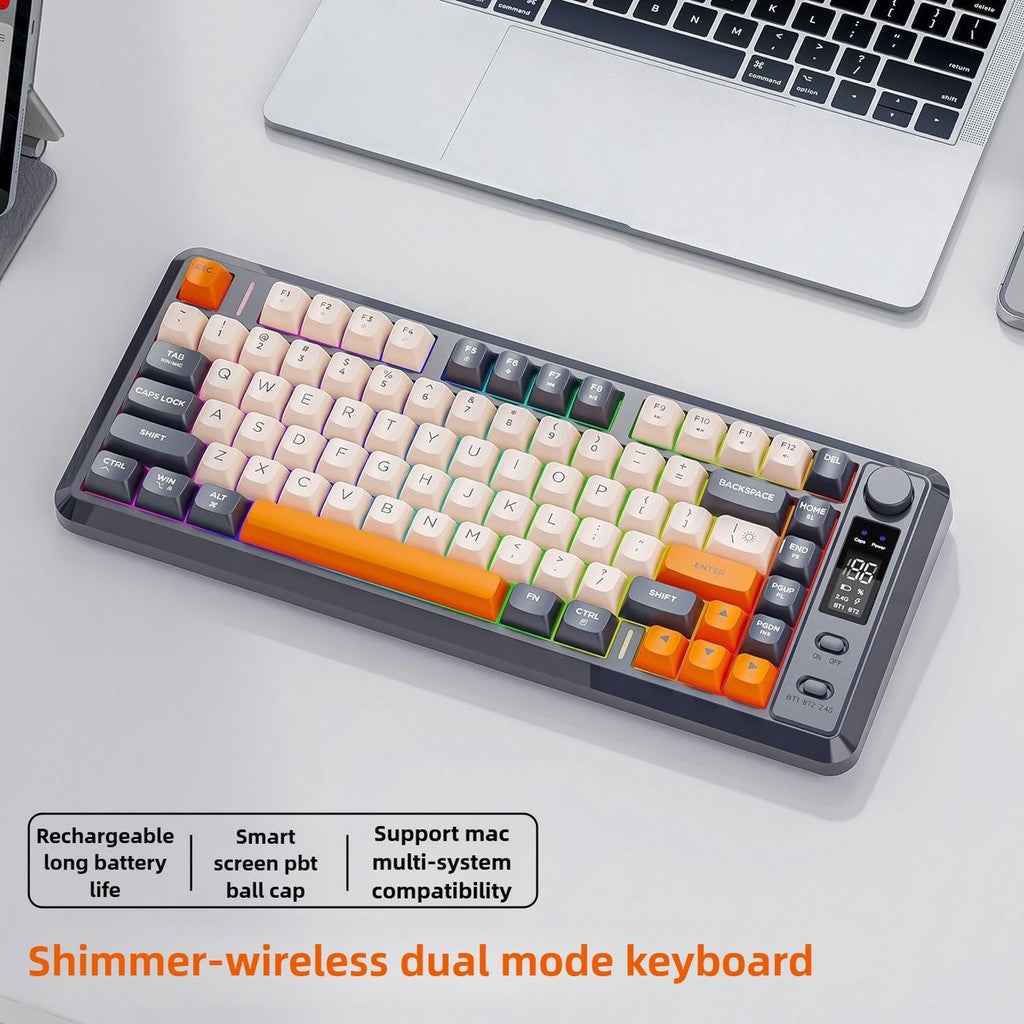 Teclado Gamer Sem Fio Compacto FREE WOLF M75 82 Teclas - Modo Duplo (Bluetooth/2.4G) Retroiluminação RGB Tela OLED Bateria Grande