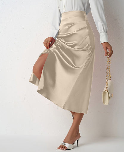 Nighpha Women's Elegant Satin Skirts High Waisted Flared Casual Work Office Fishtail Midi Skirt