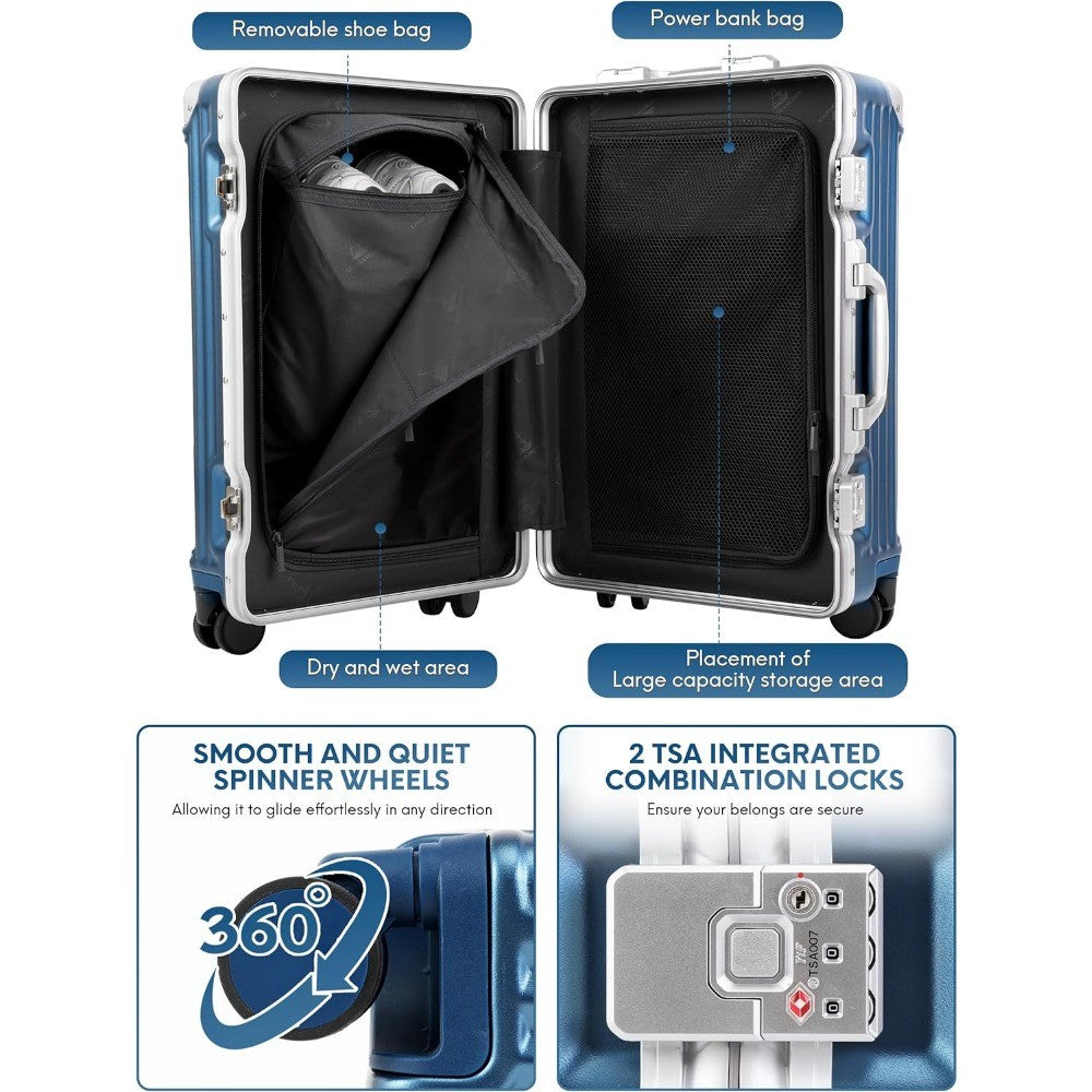 Gorgeous Gem-Blue 3/7 Split Opening Zipperless Aluminum Frame Suitcase, Higher Volume 22x14x9, Airline Approved Carry-On Luggage