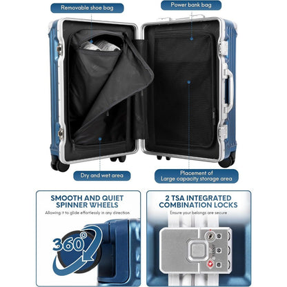 Gorgeous Gem-Blue 3/7 Split Opening Zipperless Aluminum Frame Suitcase, Higher Volume 22x14x9, Airline Approved Carry-On Luggage