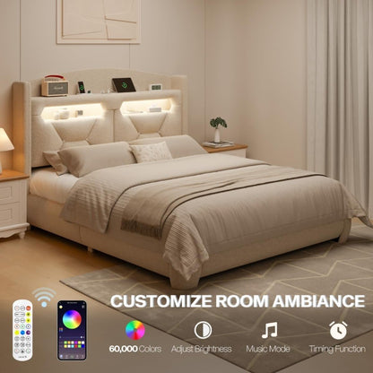 Estrutura de Cama Queen Size com Cabeceira Estofada em Bouclé, Base Plataforma com Armazenamento, Estação de Carregamento, Luzes LED e Espuma Macia