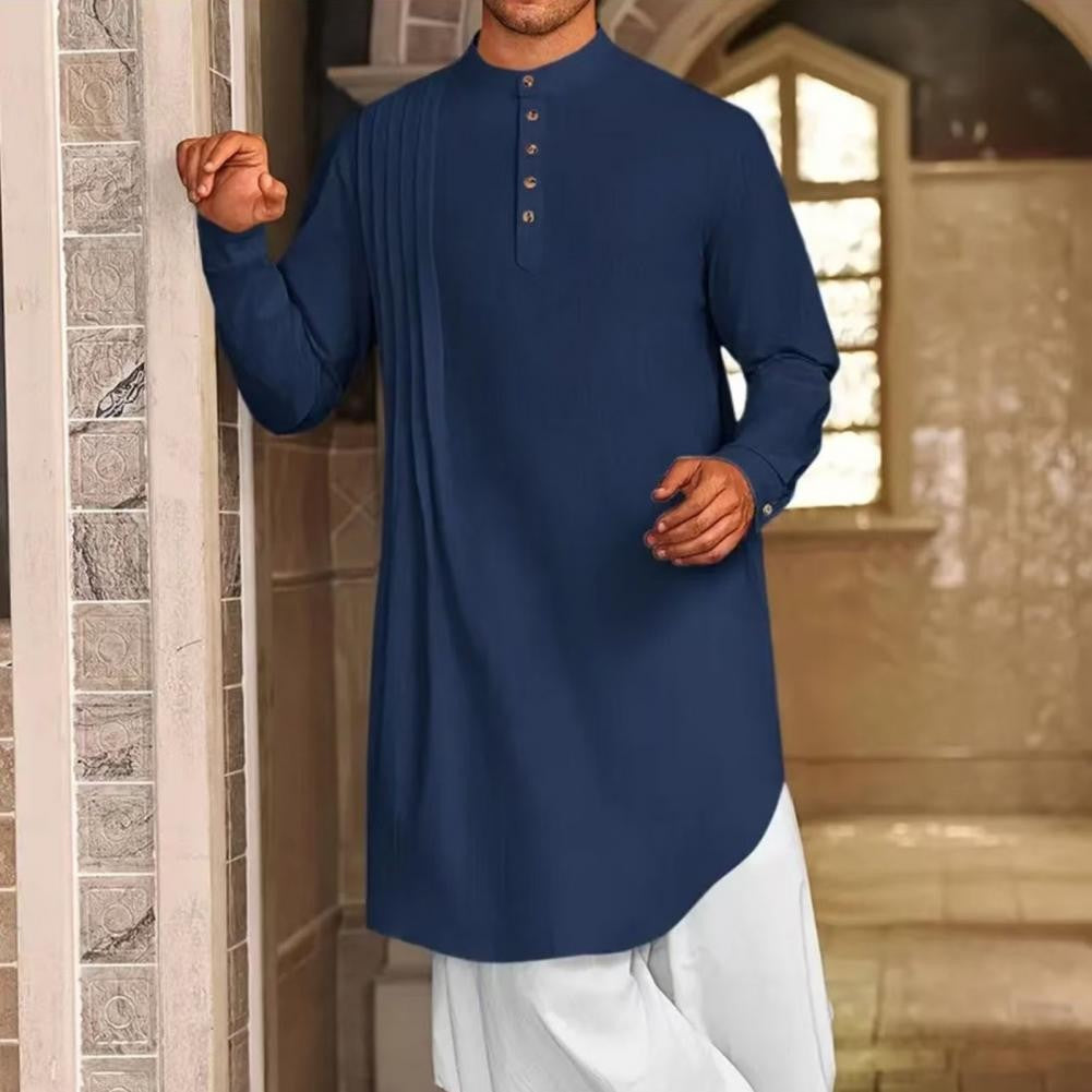 Men's Cotton Linen Kaftan Robe – Long Sleeve Button-Up Thobe for Prayer, Casual & Arabic Style | Breathable & Comfortable